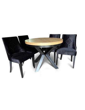 STÓŁ OKRĄGLY ROZKŁADANY DREWNIANY Z CZARNYMI KRZESŁAMI Z17