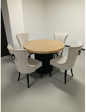 STÓŁ OKRĄGŁY S62 DREWNIANY METALOWA PODSTAWA CZARNA "LAMELE" ROZKŁADANY BLAT 5.4 CM