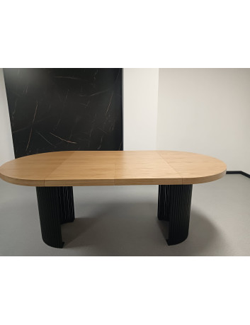 STÓŁ OKRĄGŁY S62 DREWNIANY METALOWA PODSTAWA CZARNA "LAMELE" ROZKŁADANY BLAT 5.4 CM