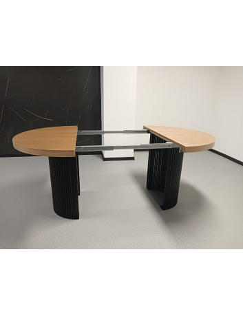STÓŁ OKRĄGŁY S62 DREWNIANY METALOWA PODSTAWA CZARNA "LAMELE" ROZKŁADANY BLAT 5.4 CM
