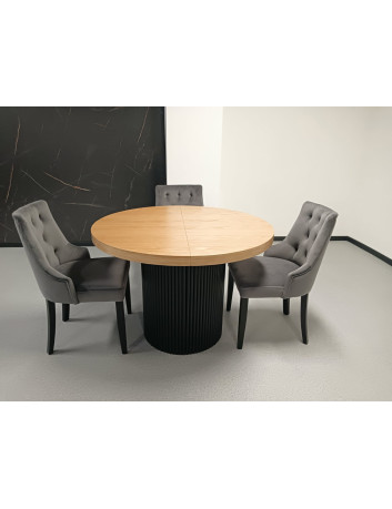 STÓŁ OKRĄGŁY S62 DREWNIANY METALOWA PODSTAWA CZARNA "LAMELE" ROZKŁADANY BLAT 5.4 CM