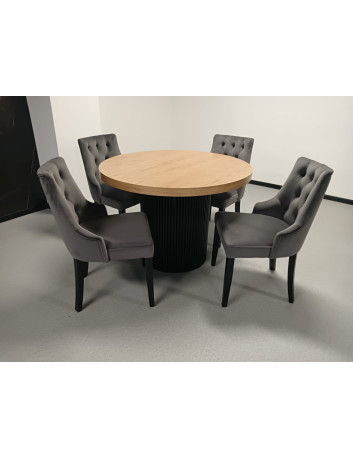 STÓŁ OKRĄGŁY S62 DREWNIANY METALOWA PODSTAWA CZARNA "LAMELE" ROZKŁADANY BLAT 5.4 CM