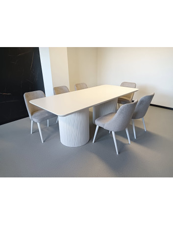 STÓŁ S63 KOLUMNOWY DREWNIANO-METALOWY BLAT LAKIEROWANY  BIAŁY 4 CM PODSTAWA BIAŁA METALOWA