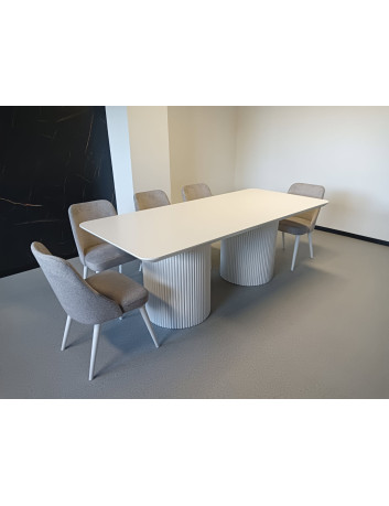 STÓŁ S63 KOLUMNOWY DREWNIANO-METALOWY BLAT LAKIEROWANY  BIAŁY 4 CM PODSTAWA BIAŁA METALOWA