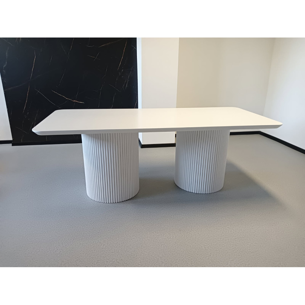 STÓŁ S63 KOLUMNOWY DREWNIANO-METALOWY BLAT LAKIEROWANY  BIAŁY 4 CM PODSTAWA BIAŁA METALOWA