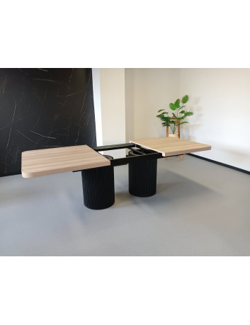 STÓŁ S64 KOLUMNOWY DREWNIANO-METALOWY BLAT FORNIR DĘBOWY LAKIEROWANY 5,4 CM PODSTAWA METALOWA CZARNA