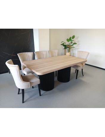 STÓŁ S64 KOLUMNOWY DREWNIANO-METALOWY BLAT FORNIR DĘBOWY LAKIEROWANY 5,4 CM PODSTAWA METALOWA CZARNA