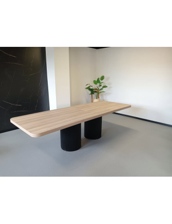 STÓŁ S64 KOLUMNOWY DREWNIANO-METALOWY BLAT FORNIR DĘBOWY LAKIEROWANY 5,4 CM PODSTAWA METALOWA CZARNA